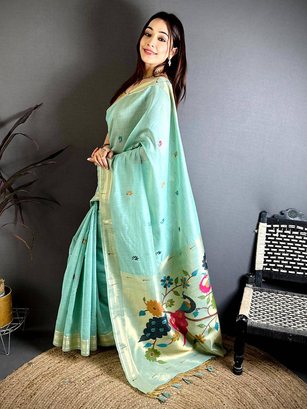 Sky Blue Munia Minakari Khadi Saree