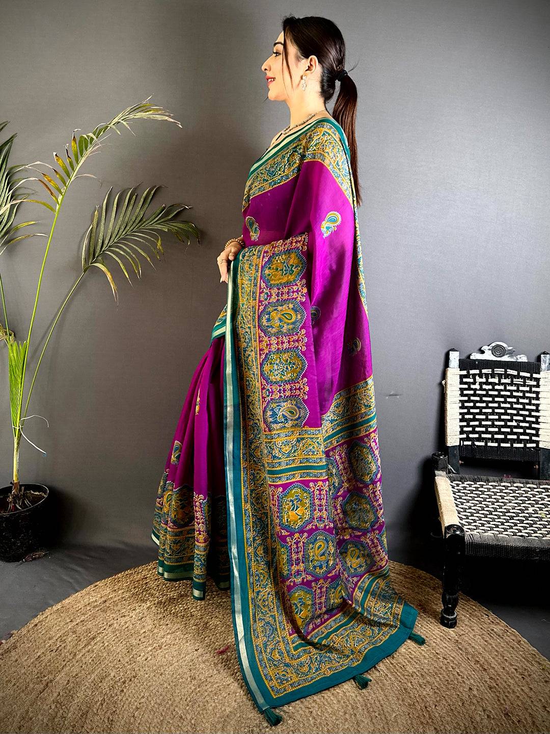 Magenta Kalamkari Pashmina Cotton Saree