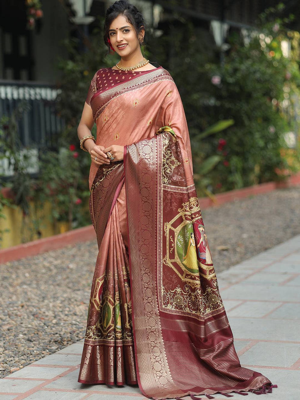 Pure Viscose Dola Silk Saree With Zari Weaving Pallu In Peach Colour - Luxe