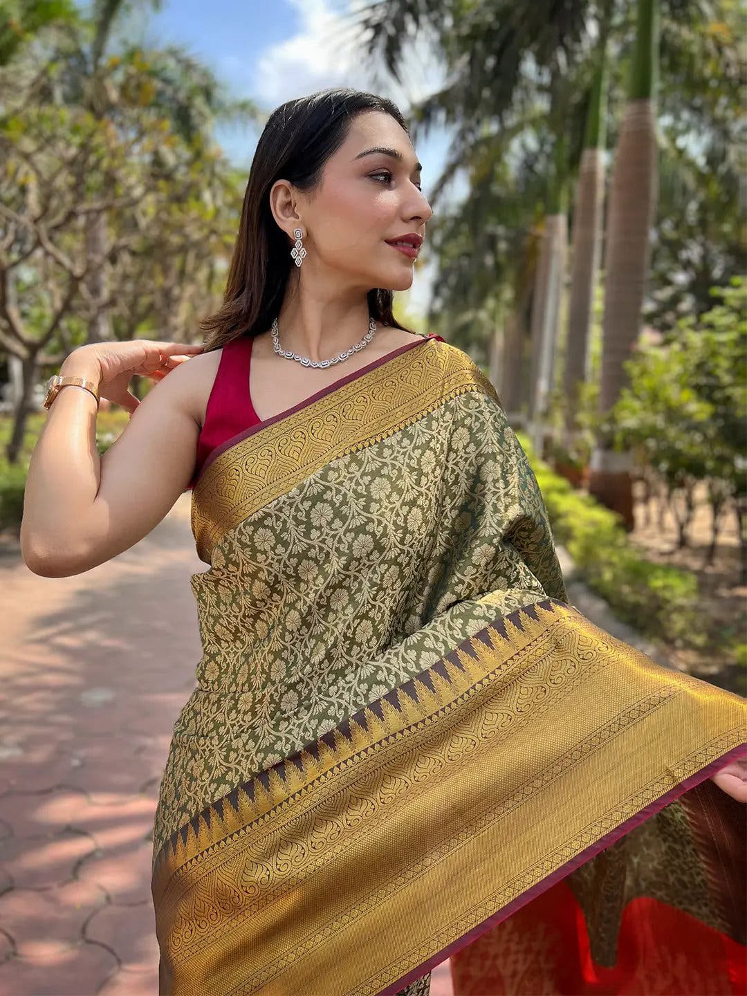 Green Colour One Gram Gold Tissue Saree With Jacquard Woven Work