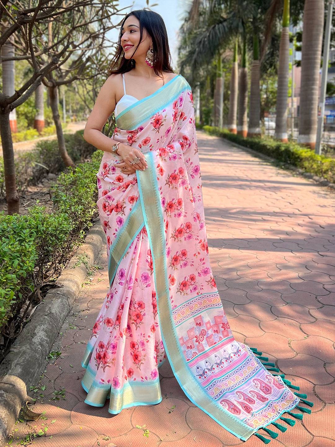 Pink Kota With Digital Floral Printed Saree