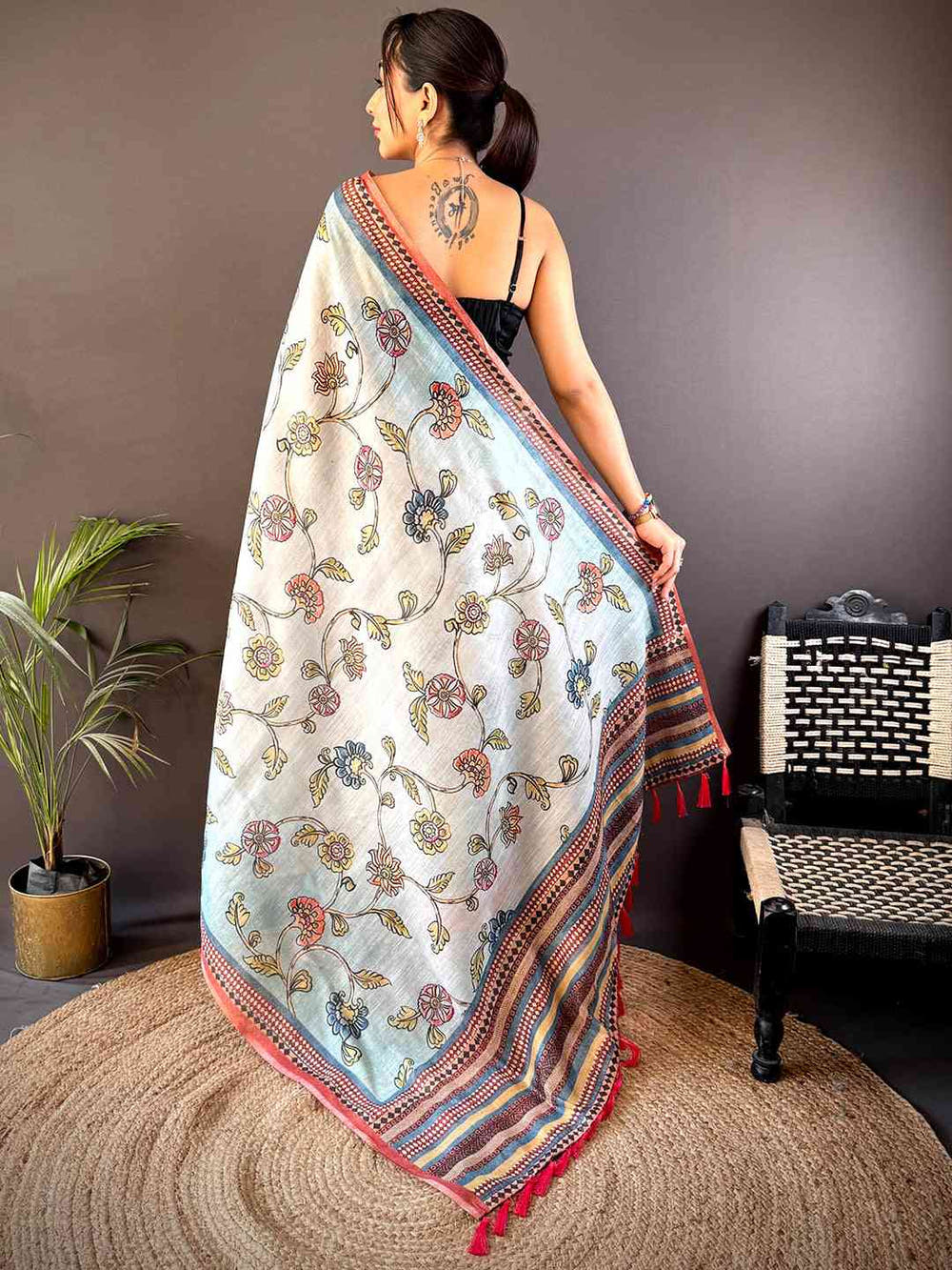 Sky Blue Zari Tussar Floral Saree