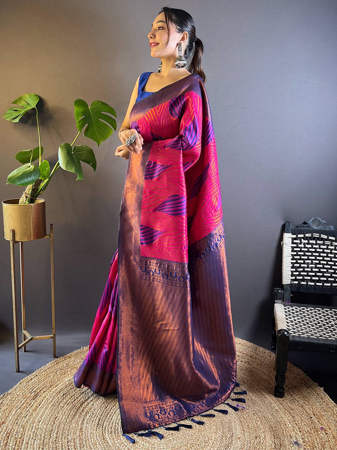 Rani Tussar Silk Zari Weaving Ikkat Saree