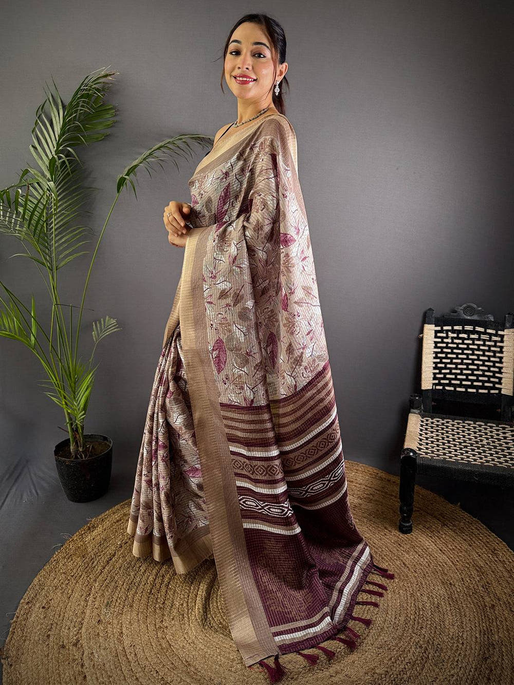 Taupe Tussar Chex Floral Print Saree