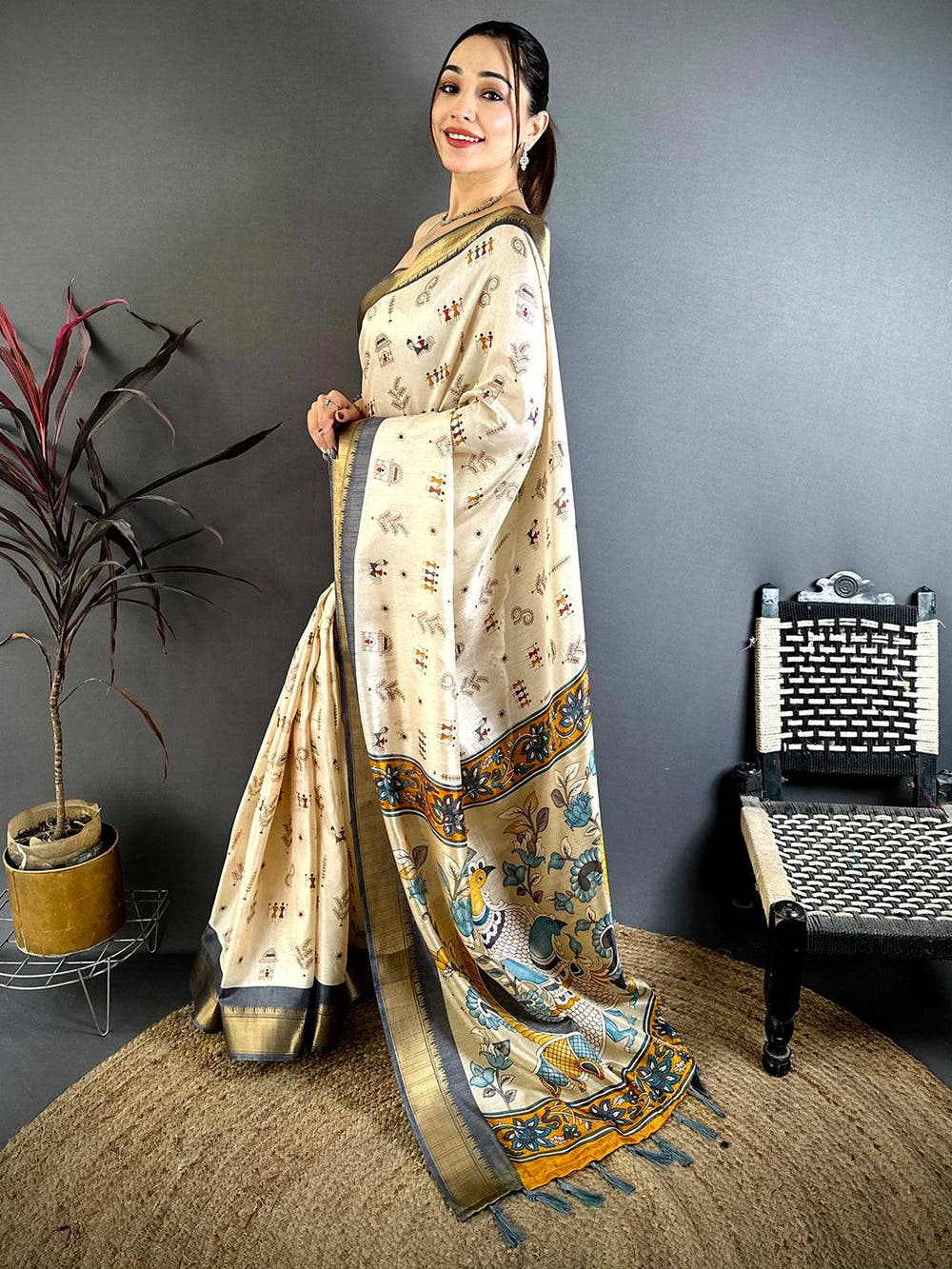 Grey Soft Dola Silk Warli Print Saree