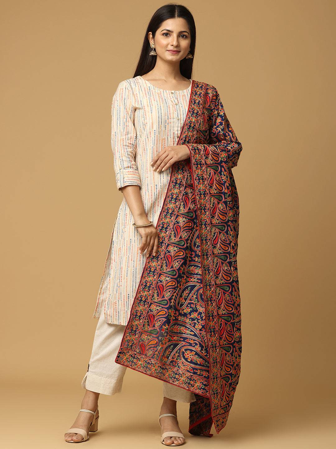 Navy Fine Paisley Jaal Pashmina Dupatta
