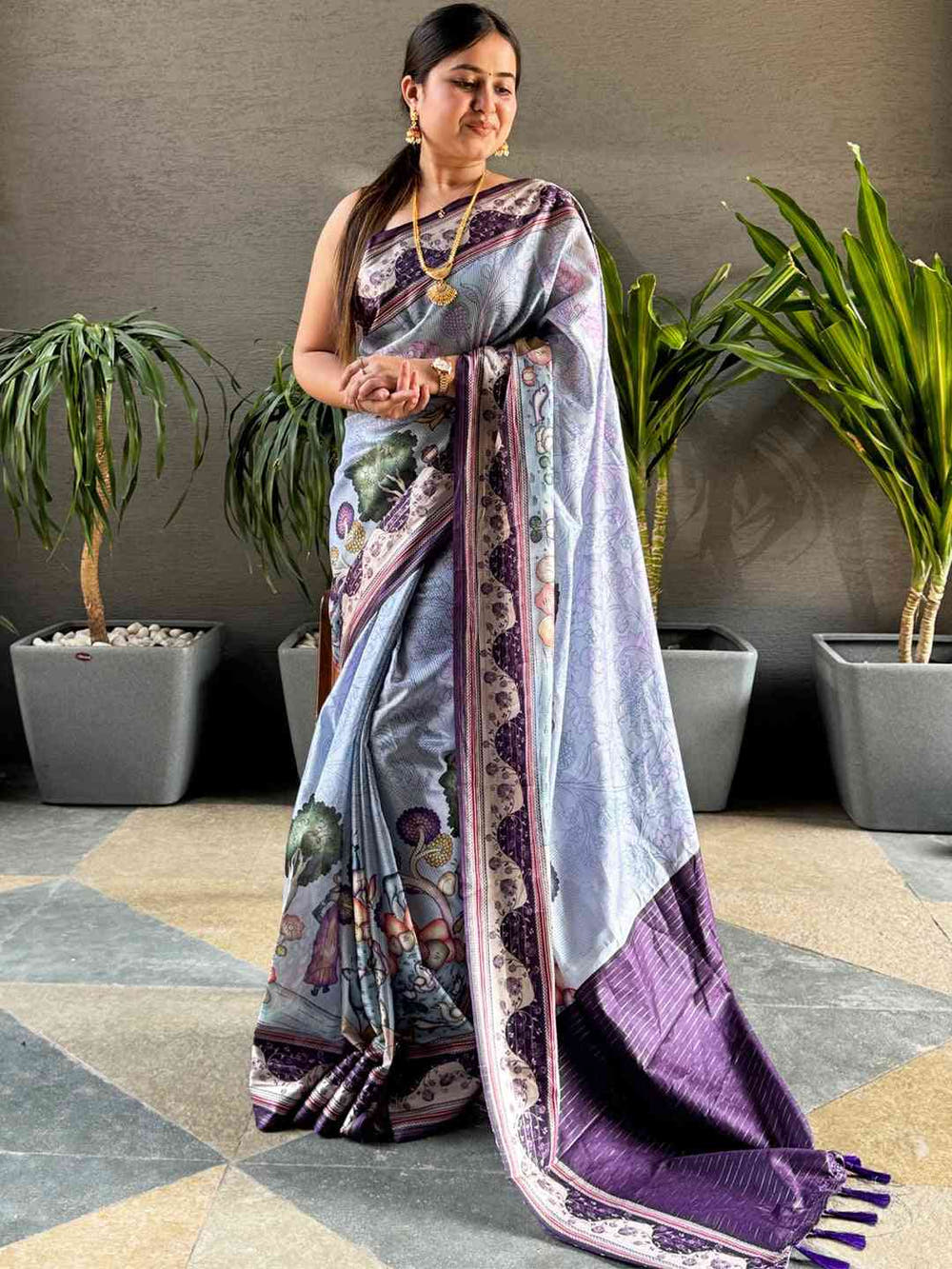 Lavender Colour Satin Kota Doria Digital Kalamkari Zari Pallu
