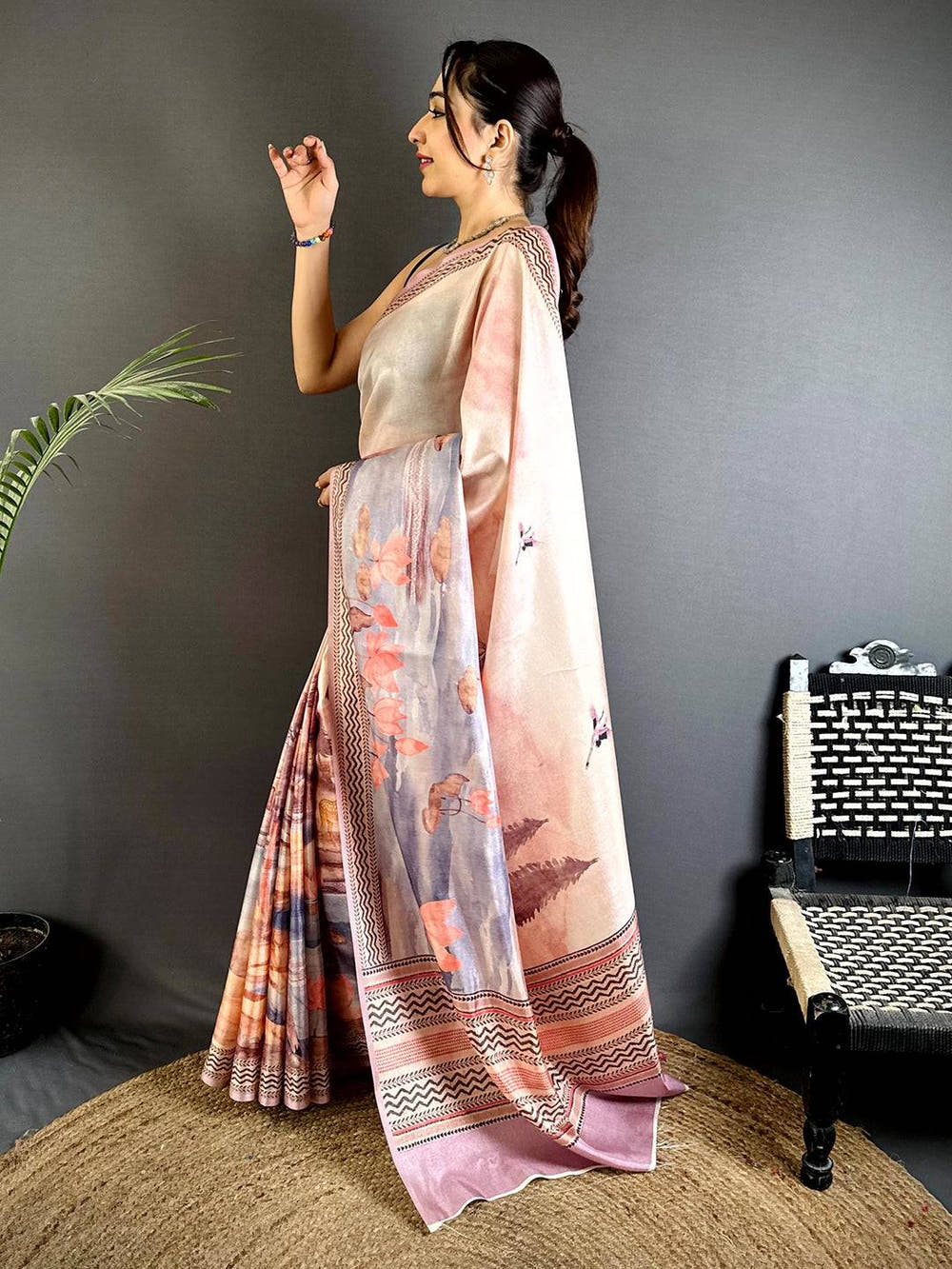Artistic Water Theme Floral Tussar Saree