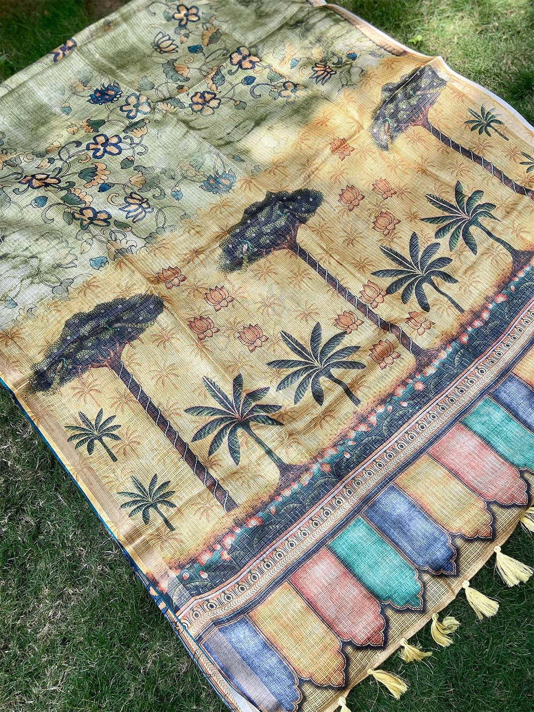 Light Green Kota Doriya Silk Saree With Floral Print