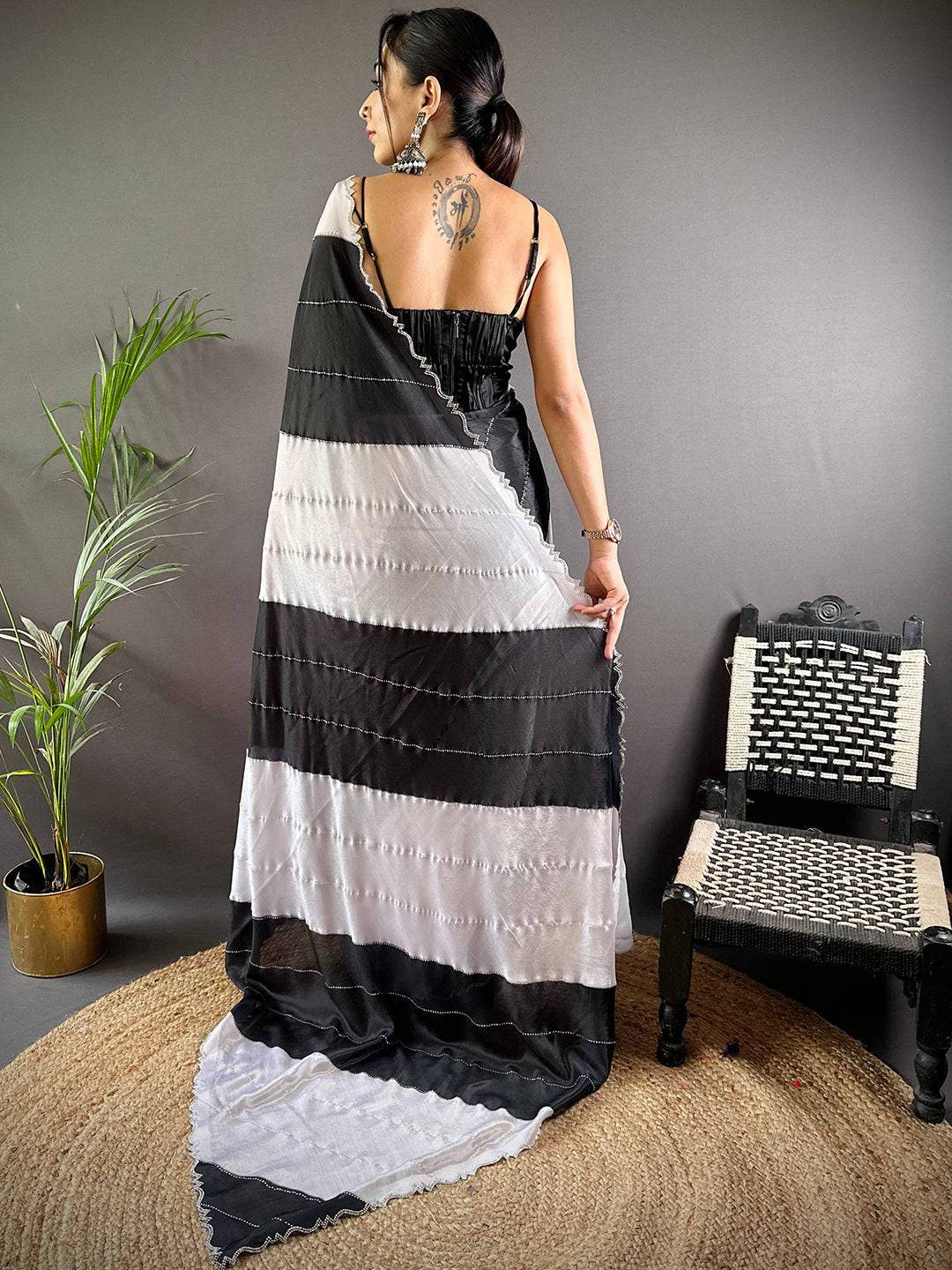 Black And White Poly Chiffon Stone Work Saree