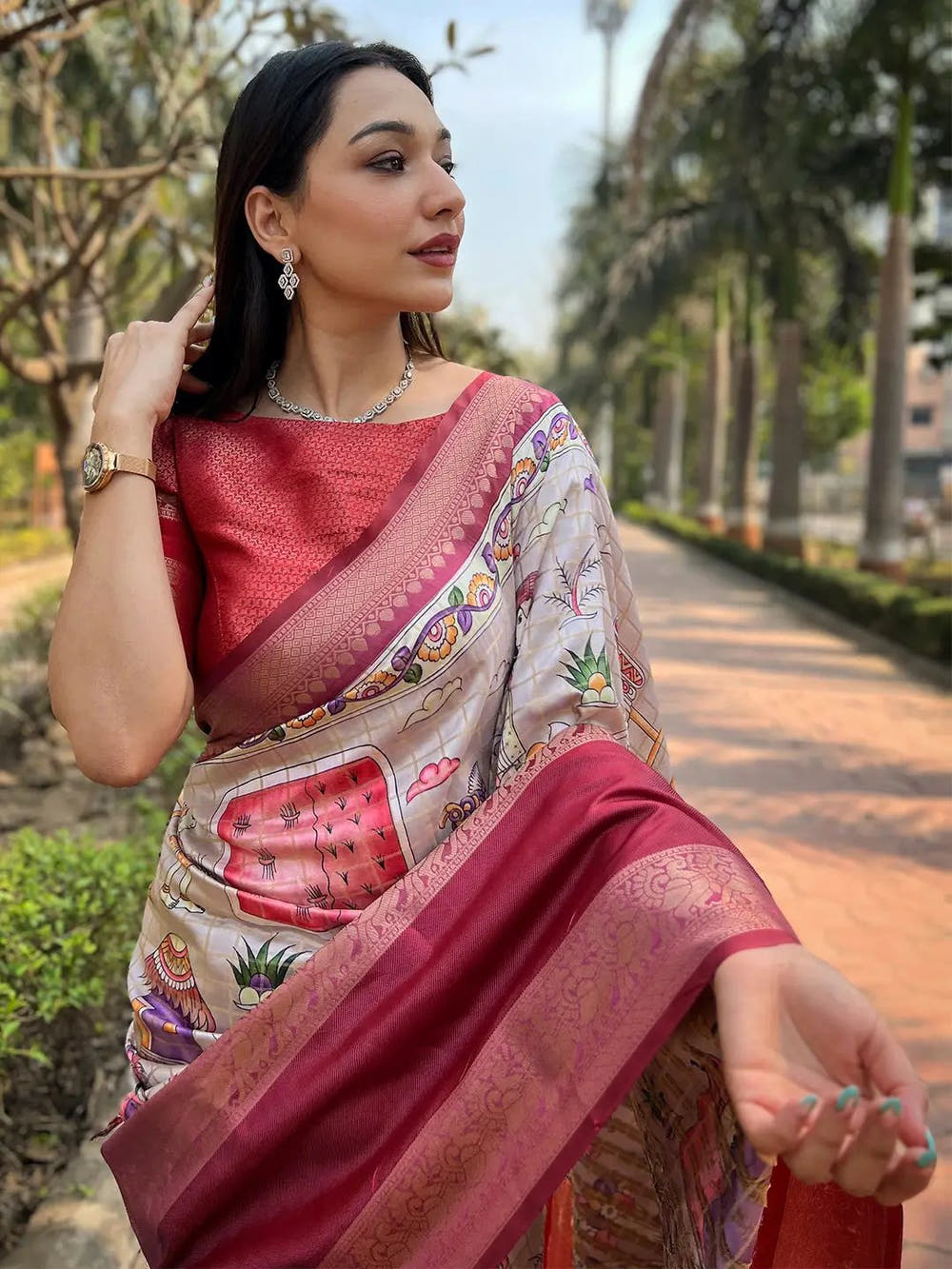 Wine Colour Double Border Chex Weaving Banarasi Soft Silk Saree