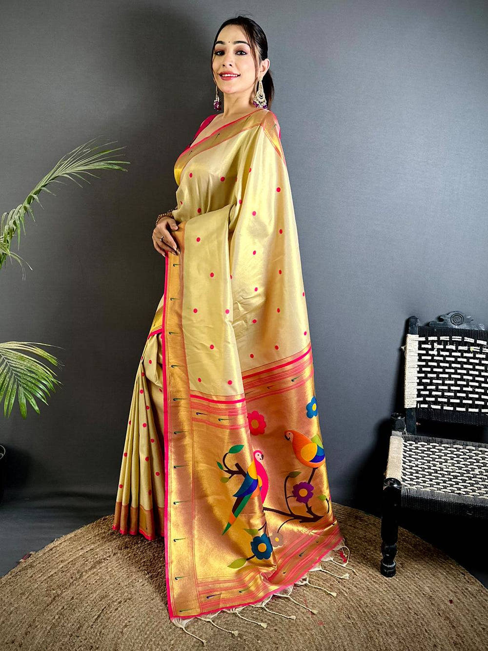 Cream Glass Tissue Yevla Paithani Saree