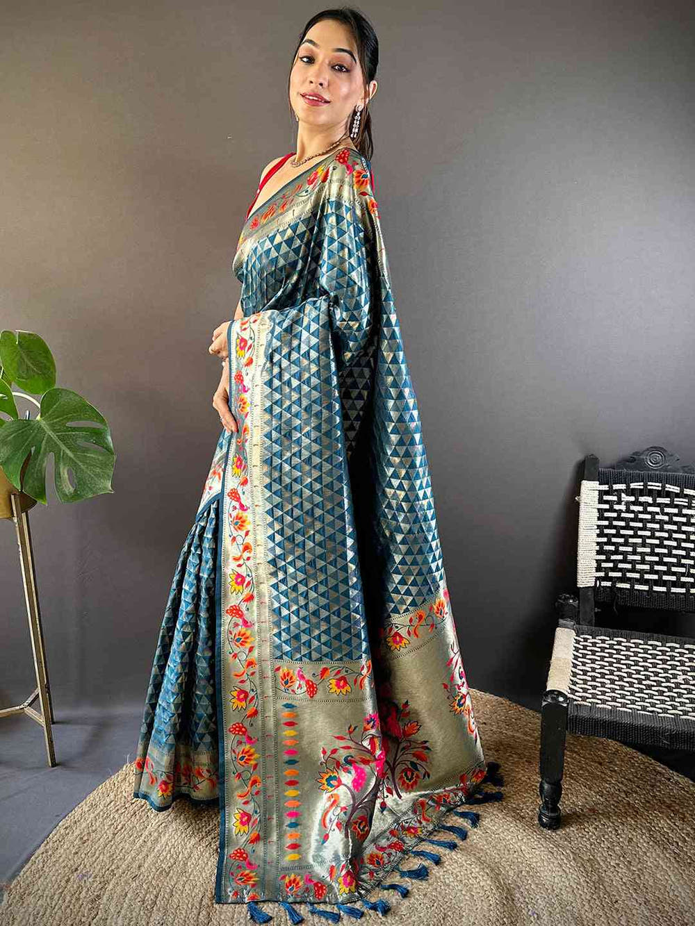 Denim Silk Blend Woven Zari Work Paithani Saree