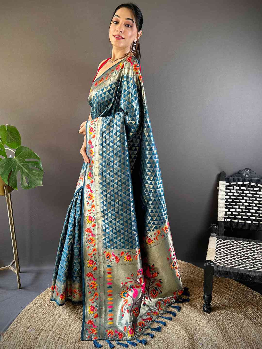 Denim Silk Blend Woven Zari Work Paithani Saree