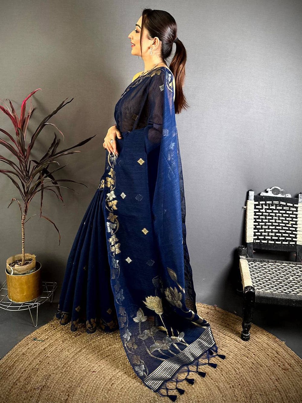 Navy Sona Chandi  Munga  Saree