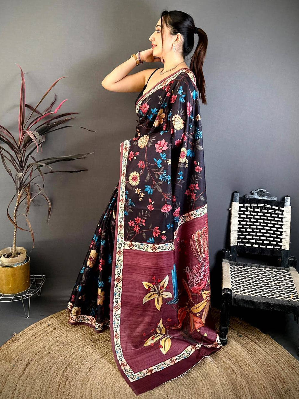Wine Tussar Pen Kalamkari Print Saree