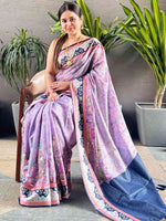 Purple Colour Satin Kota Doria Digital Kalamkari Zari Pallu