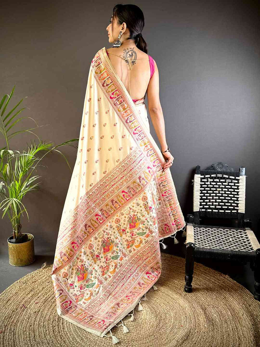 Off White Ethnic Motif Silk Blend Saree