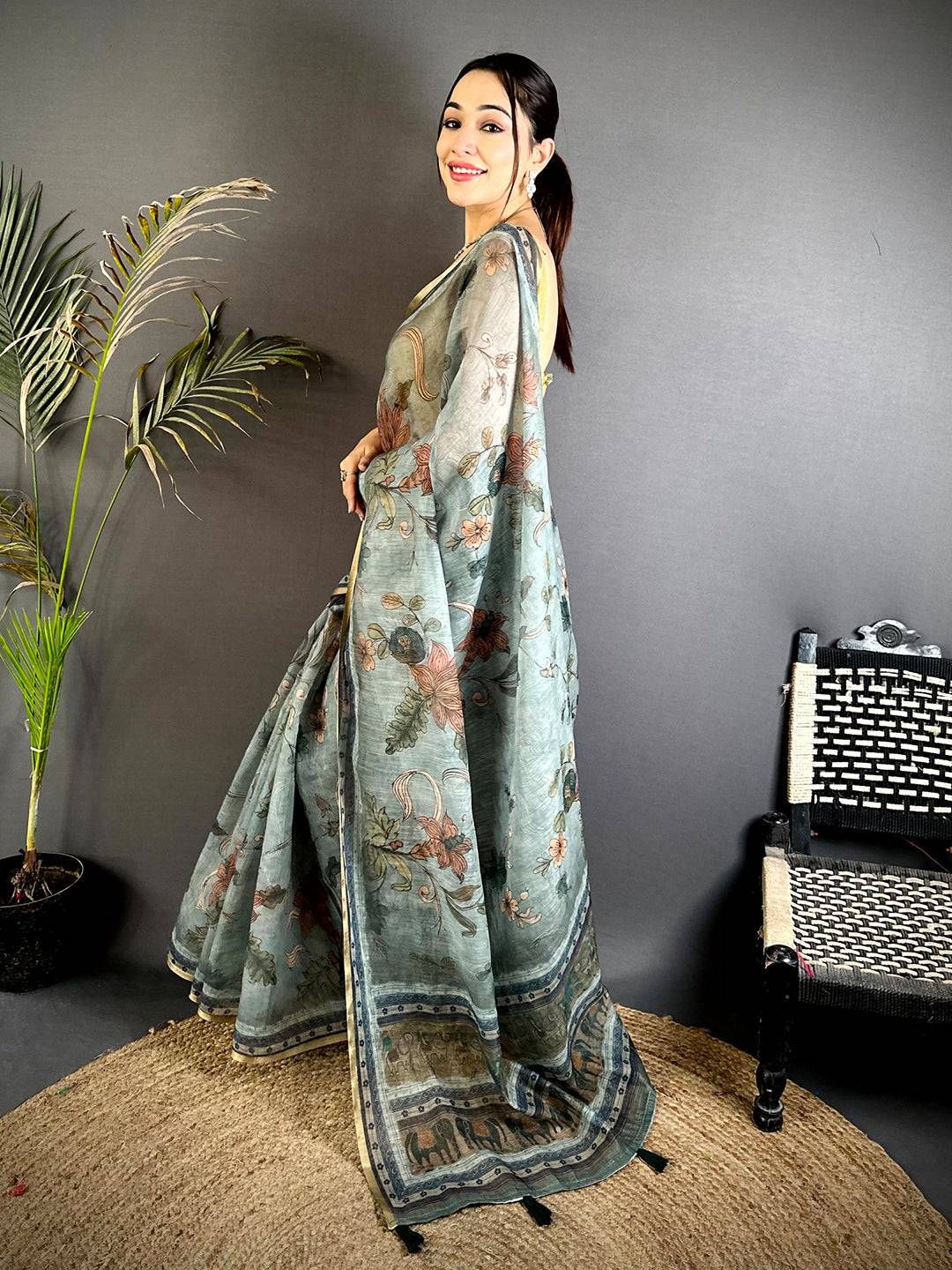 Regal Dark Floral Linen  Saree