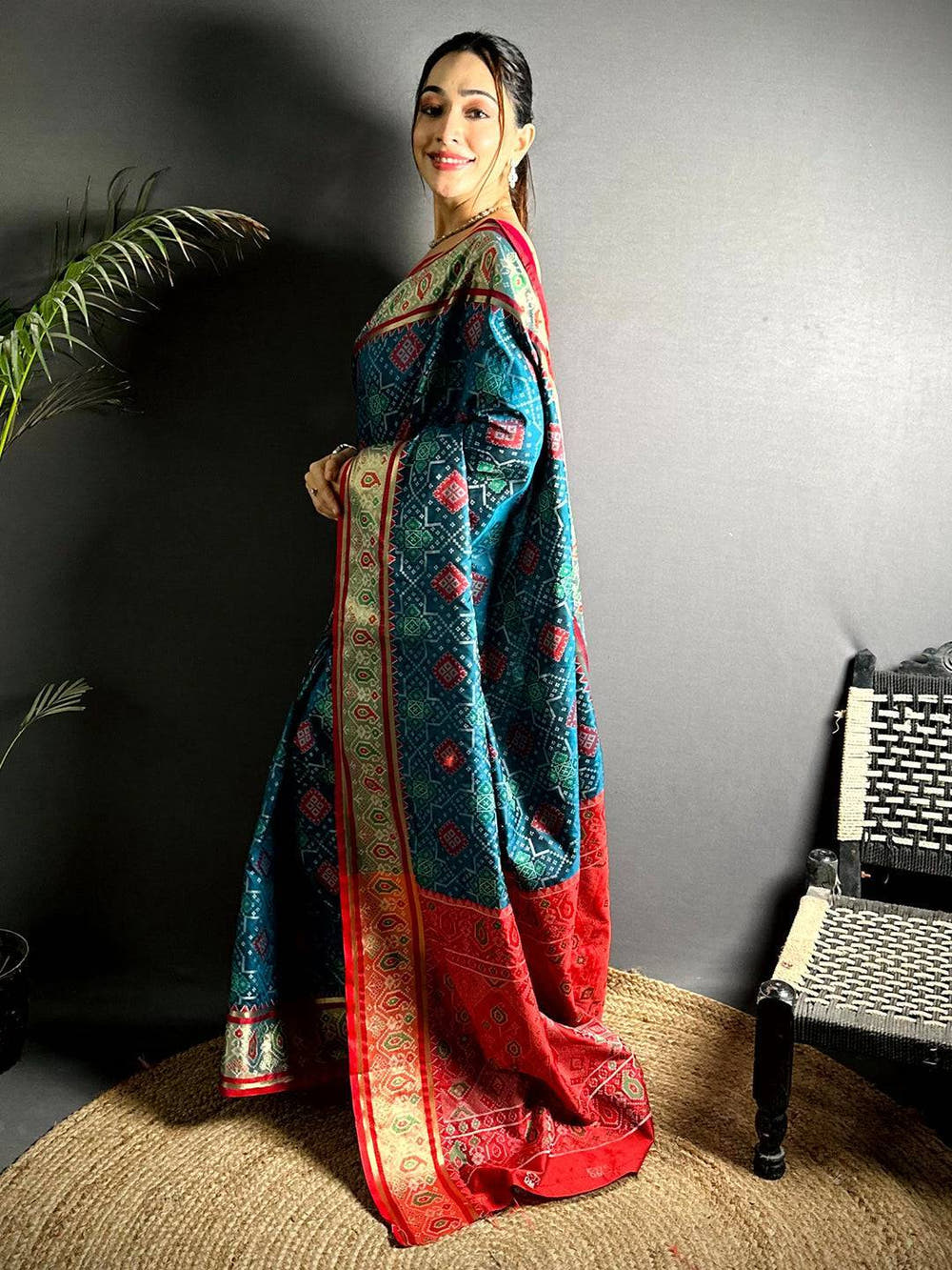 Denim Blue Soft Silk Saree With Patola Weaving