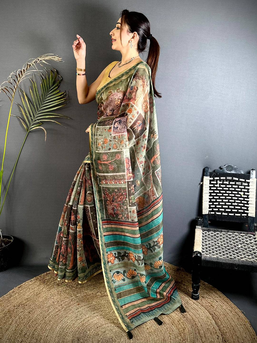 Royal Minakari Kalamkari Linen Saree