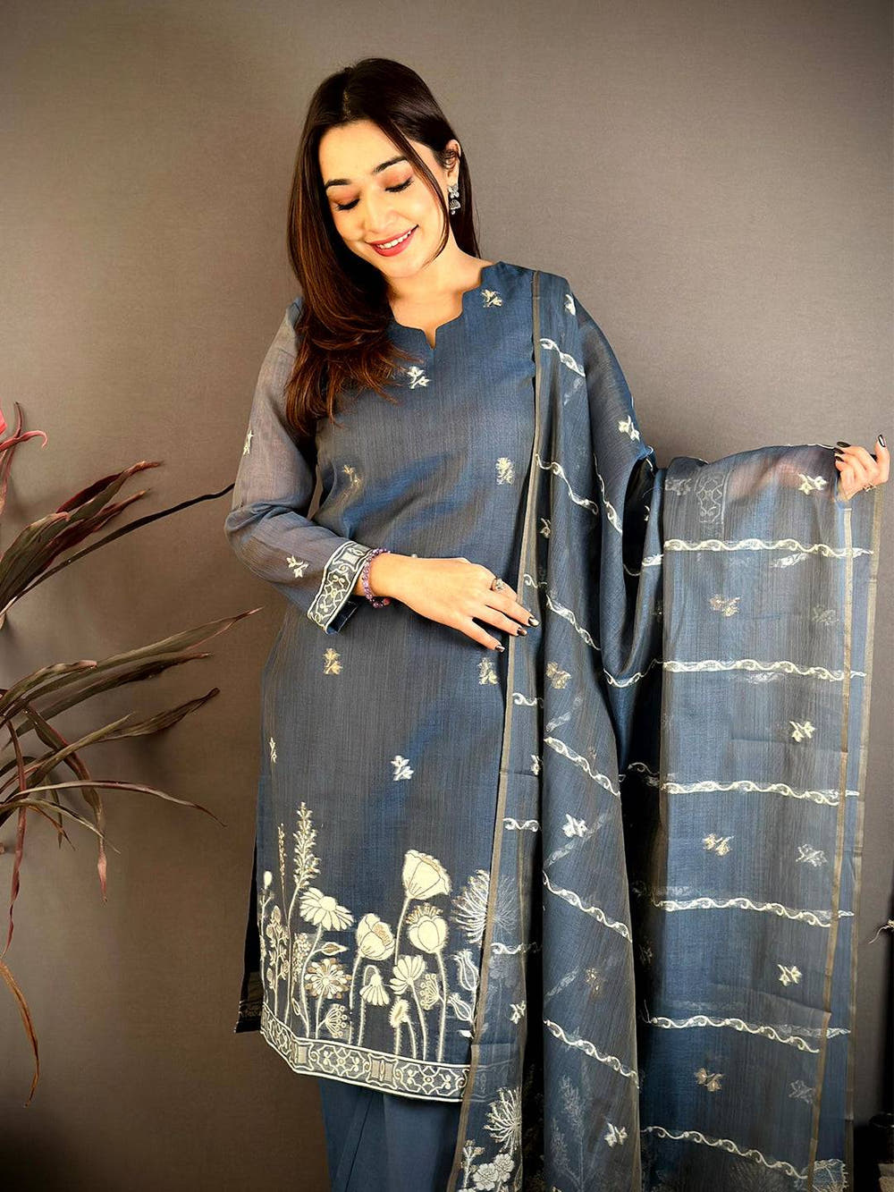 Regal Navy Floral  Woven  Dress