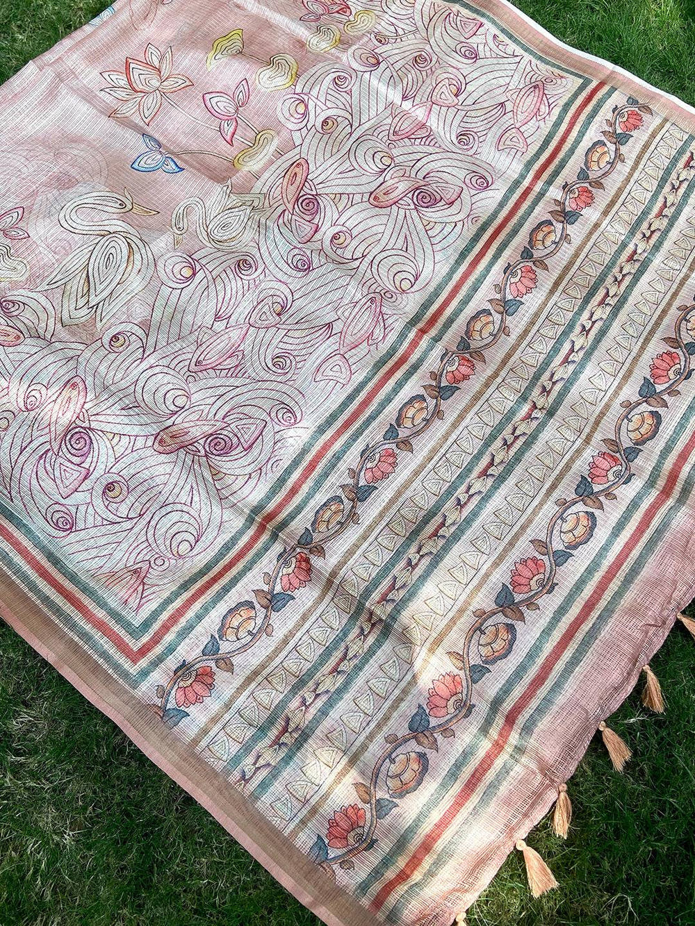 Peach Soft Kota Doriya Silk Saree With Flower Kalamkari Print