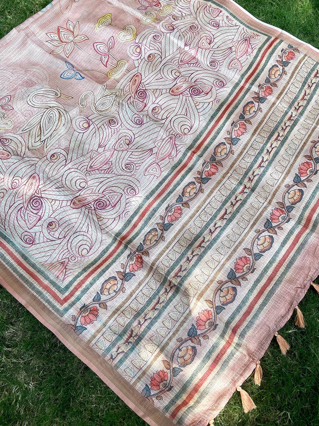 Peach Soft Kota Doriya Silk Saree With Flower Kalamkari Print