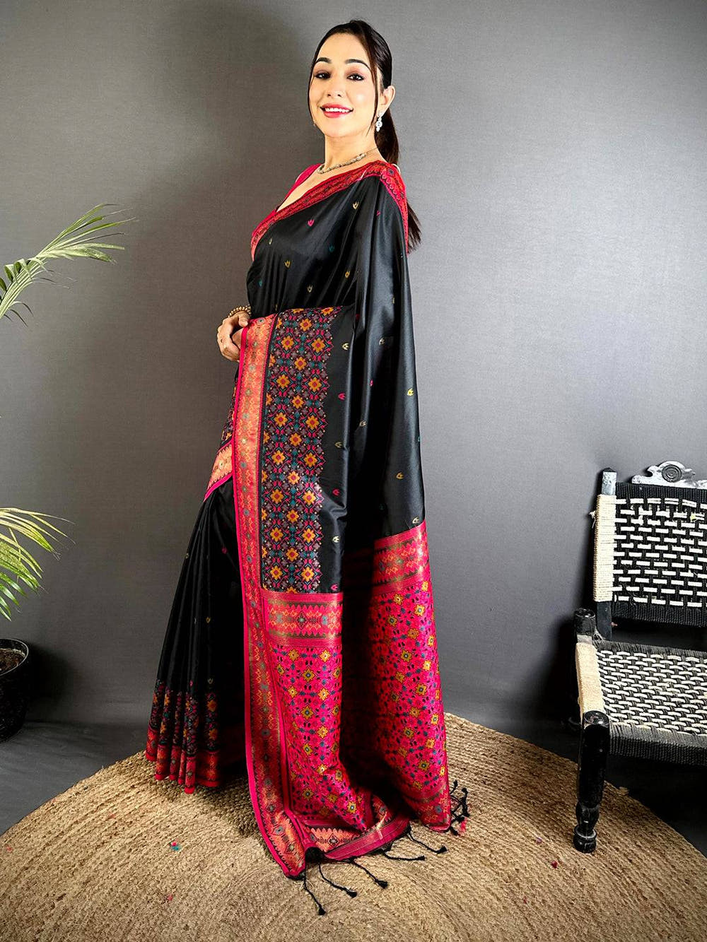 Black Double Ikat Soft Silk Saree