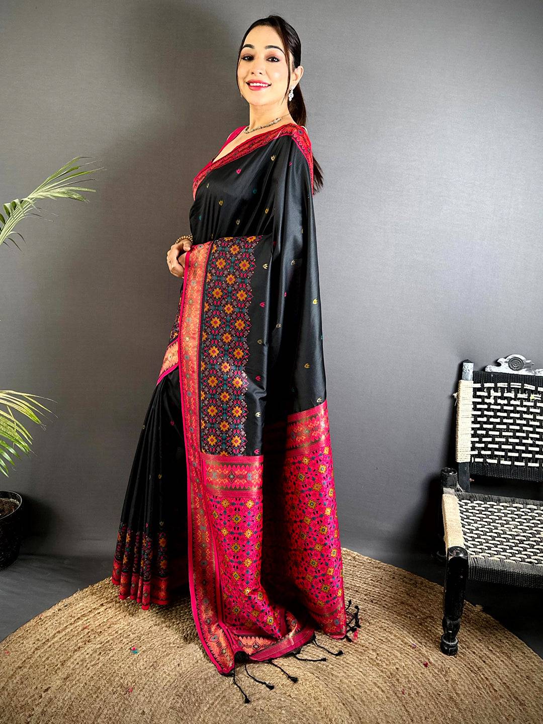 Black Double Ikat Soft Silk Saree