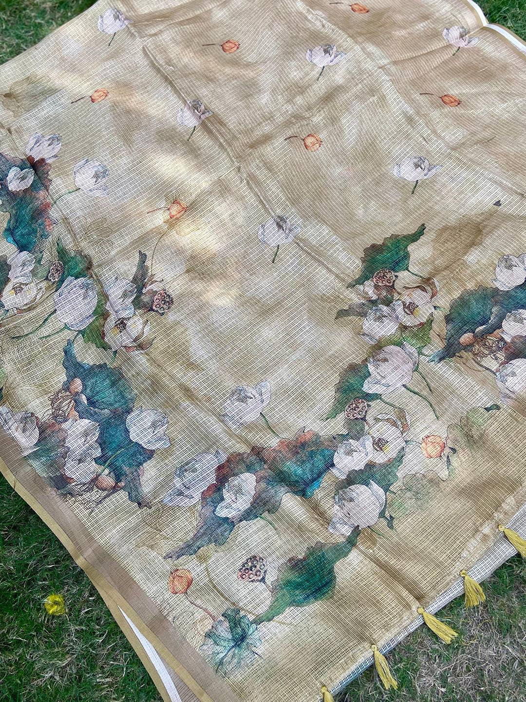 Bollywood Cream Soft Kota Doriya Silk Saree With Flower Print