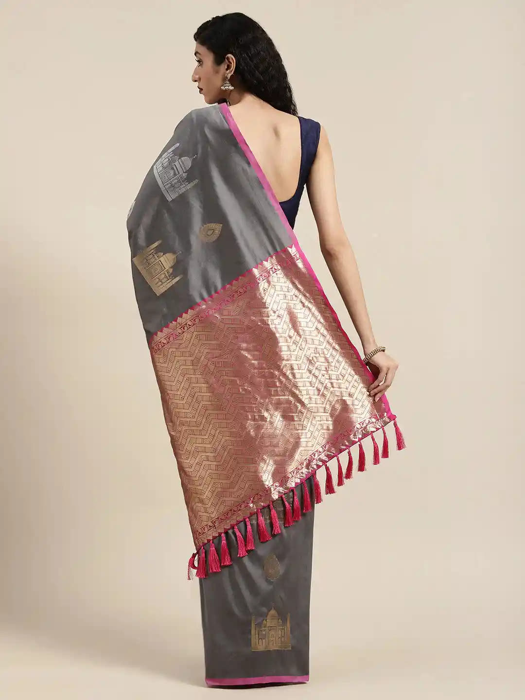 Trendy Grey Colour  Silk Blend Woven Design Banarasi Saree