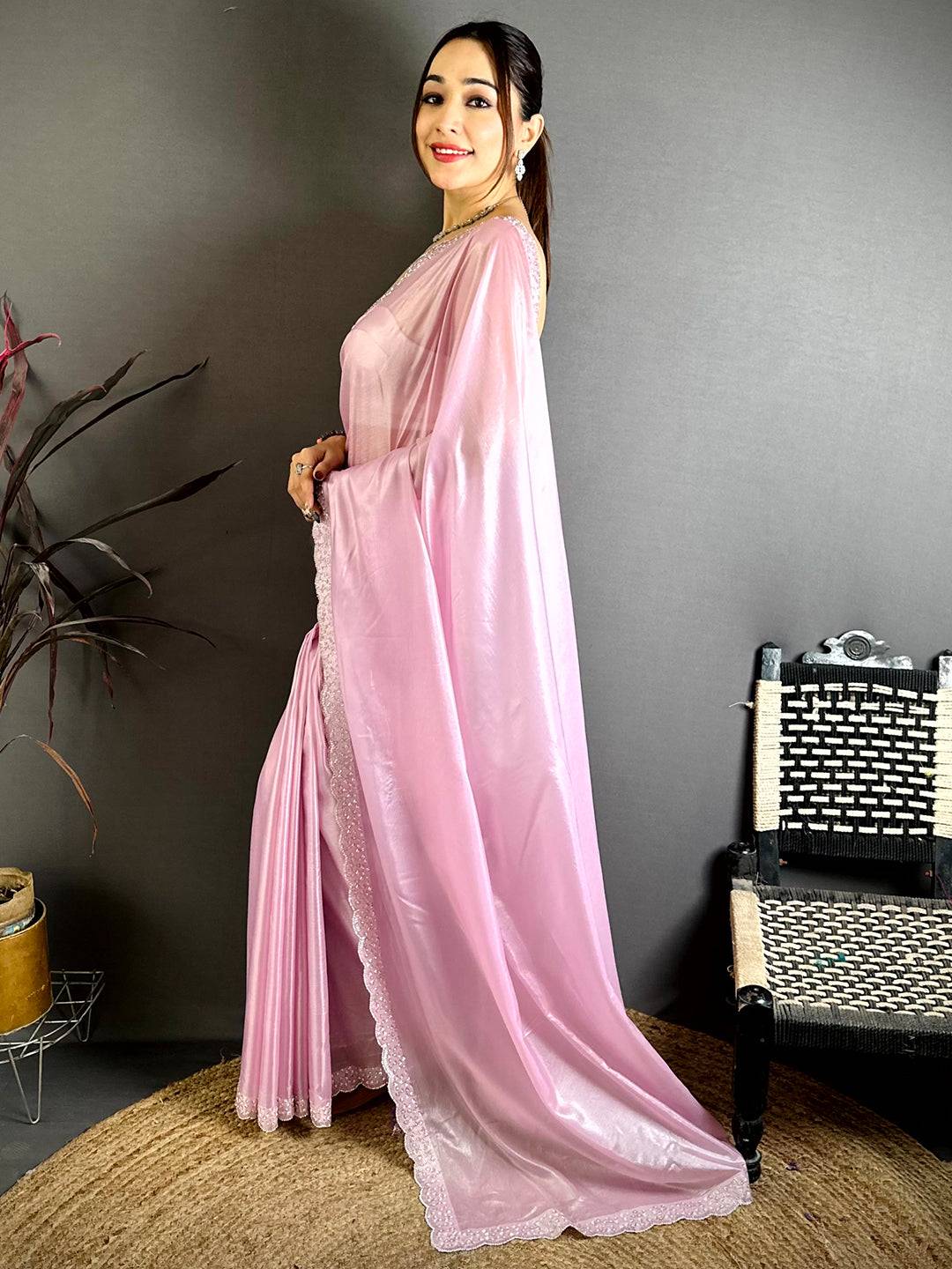 Radiant Silver Glass Stone Work Silk Saree