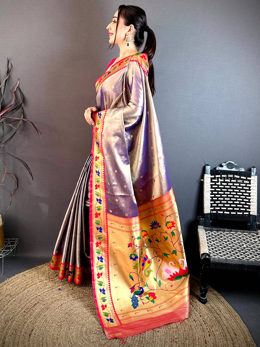 Royal Peach Zari Tissue Paithani Style Saree