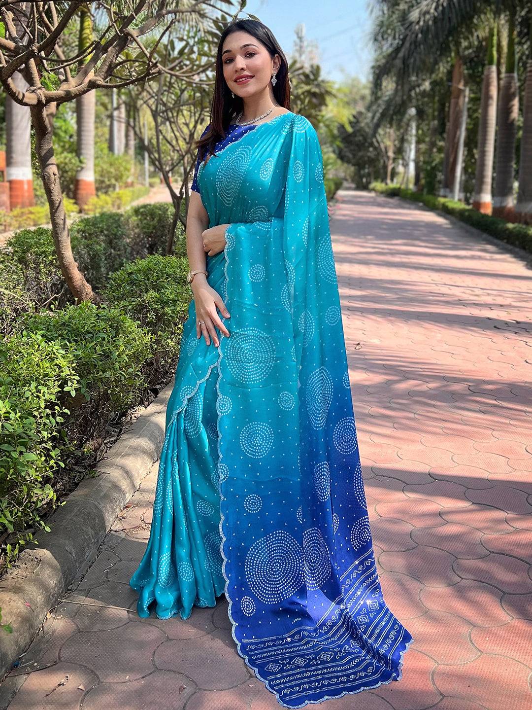 Turquoise Ombre Bandhej Georgette Silk Saree