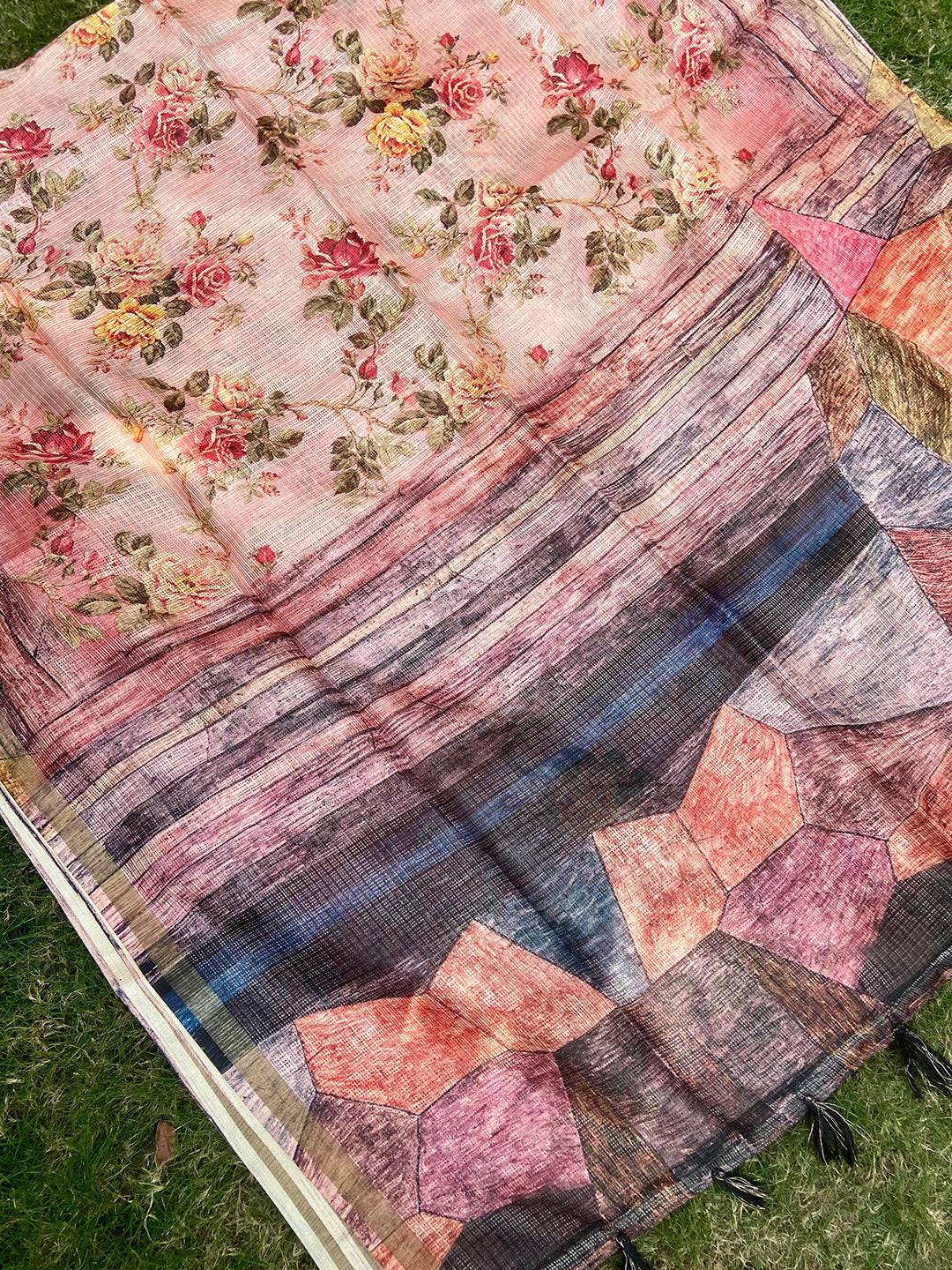 Peach Colour Soft Kota Doriya Silk Saree With Flower & abstect Prints
