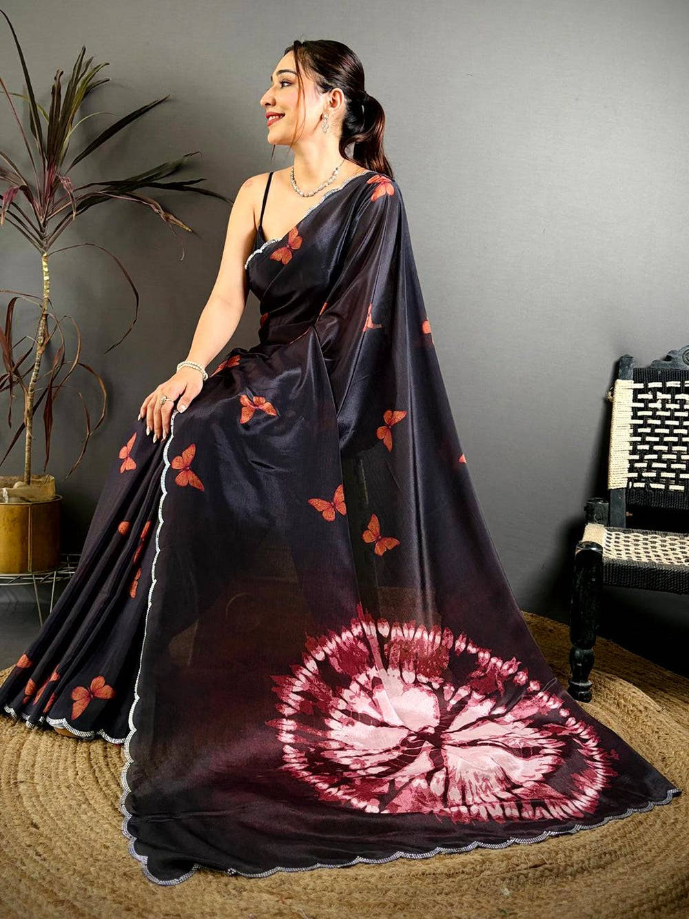 Black Soft Chinnon Butterfly Print Saree