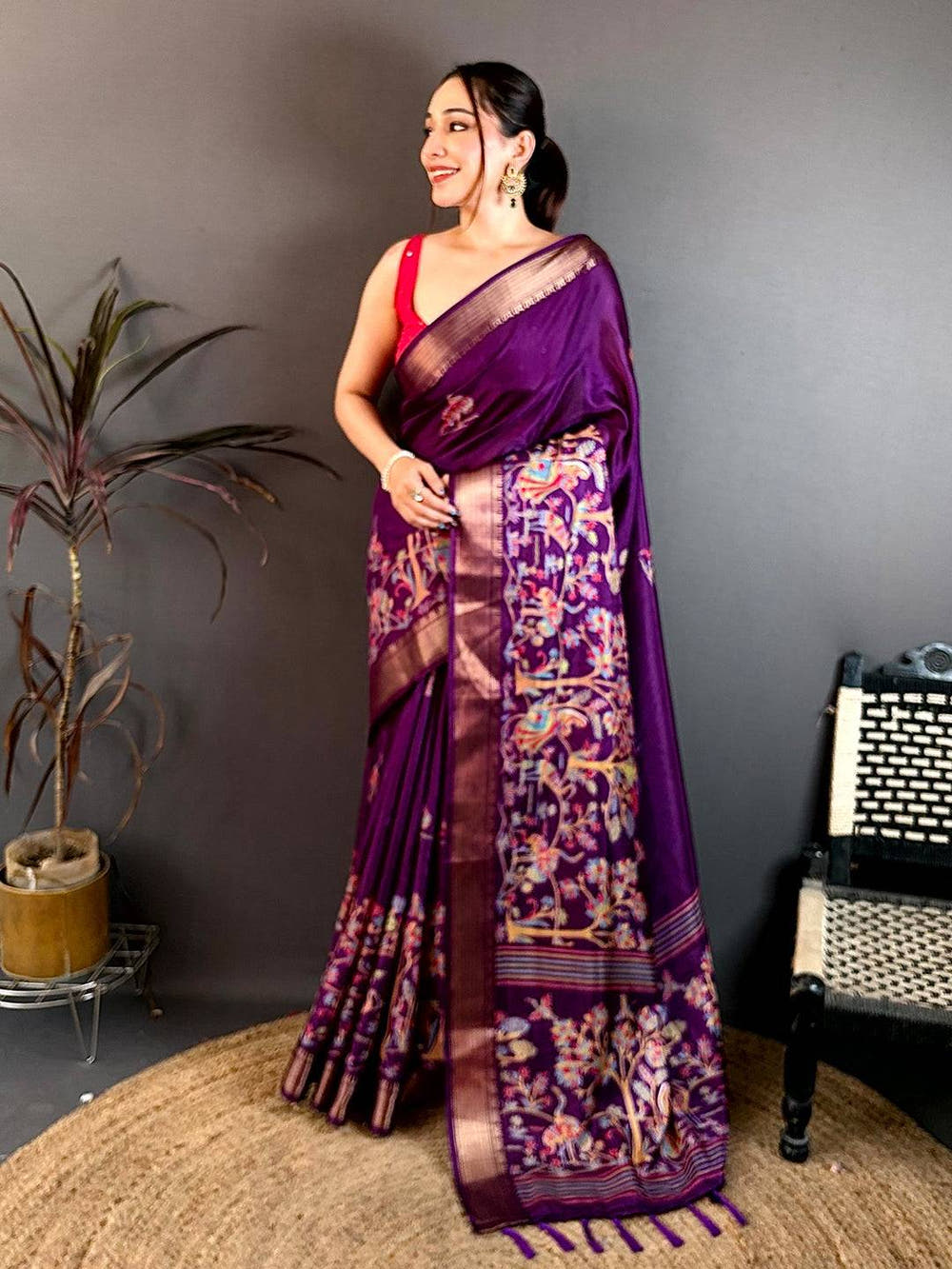 Dark Purple Shade Printed Dola Silk Saree