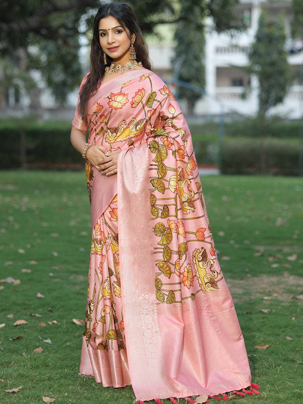 Pink Pure Viscose Dola Silk Saree With Pichwai And Mughal Print - Luxe