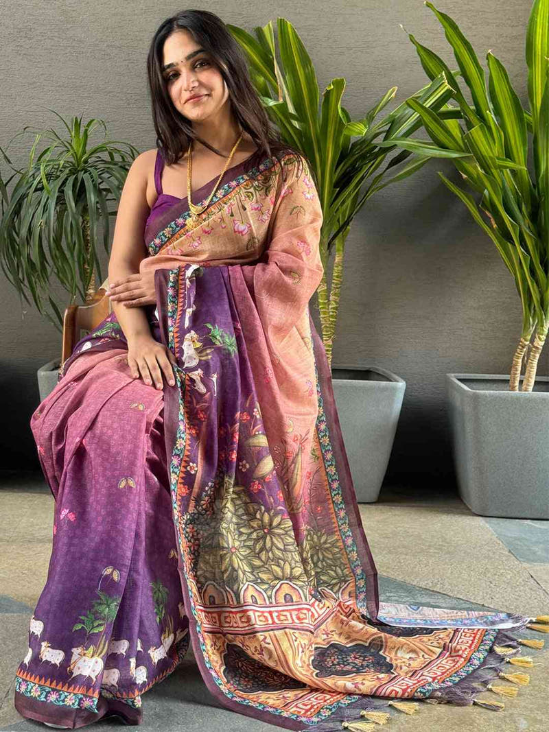 Soft Linen Ombre Pichwai Printed Purple Colour Saree