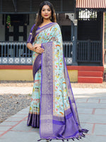 Sky Blue Colour Phulkari Design Zari Weaving Pallu Saree - Luxe