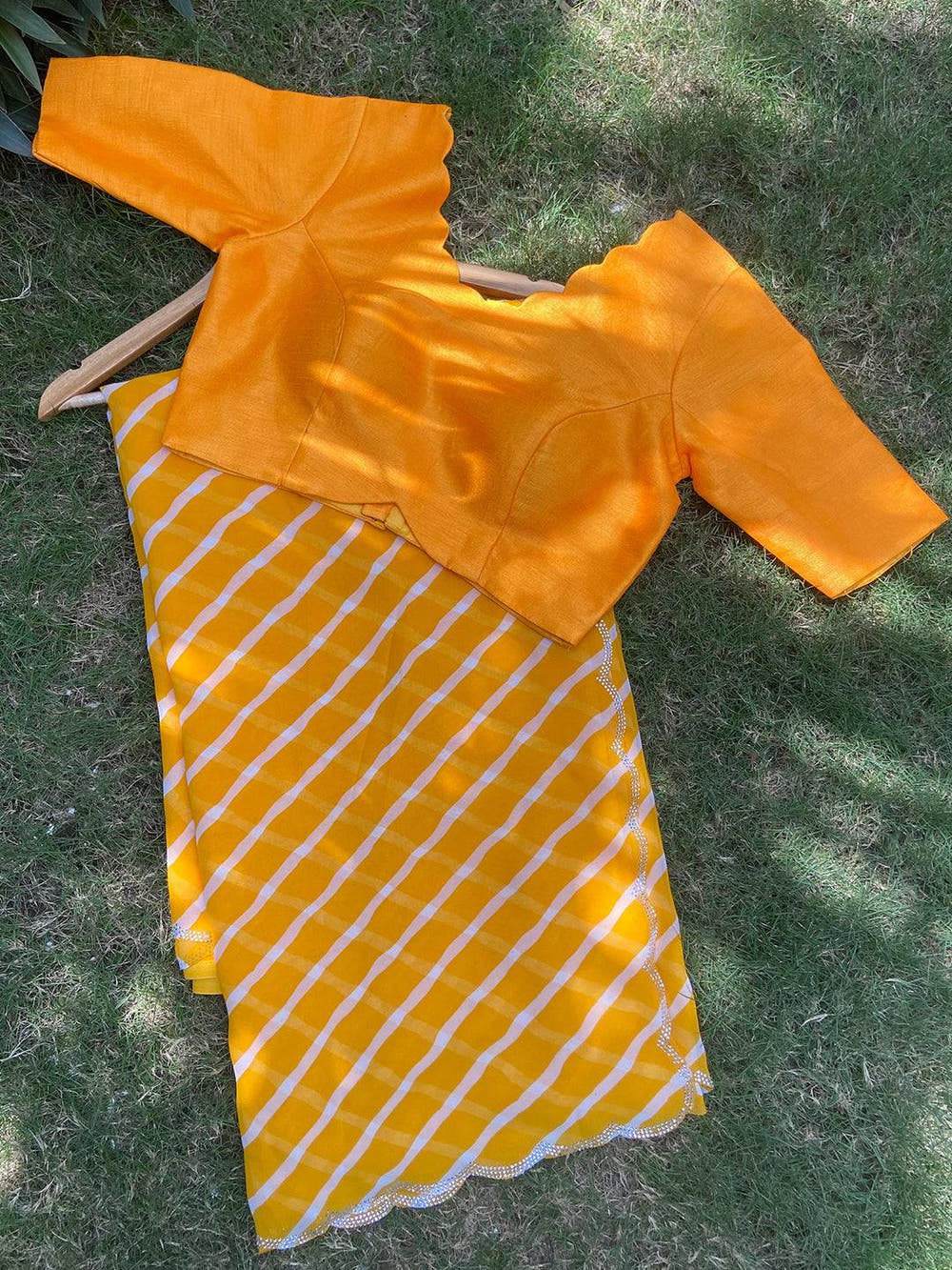 Yellow Georgette Leheriya Print Srone Work Saree