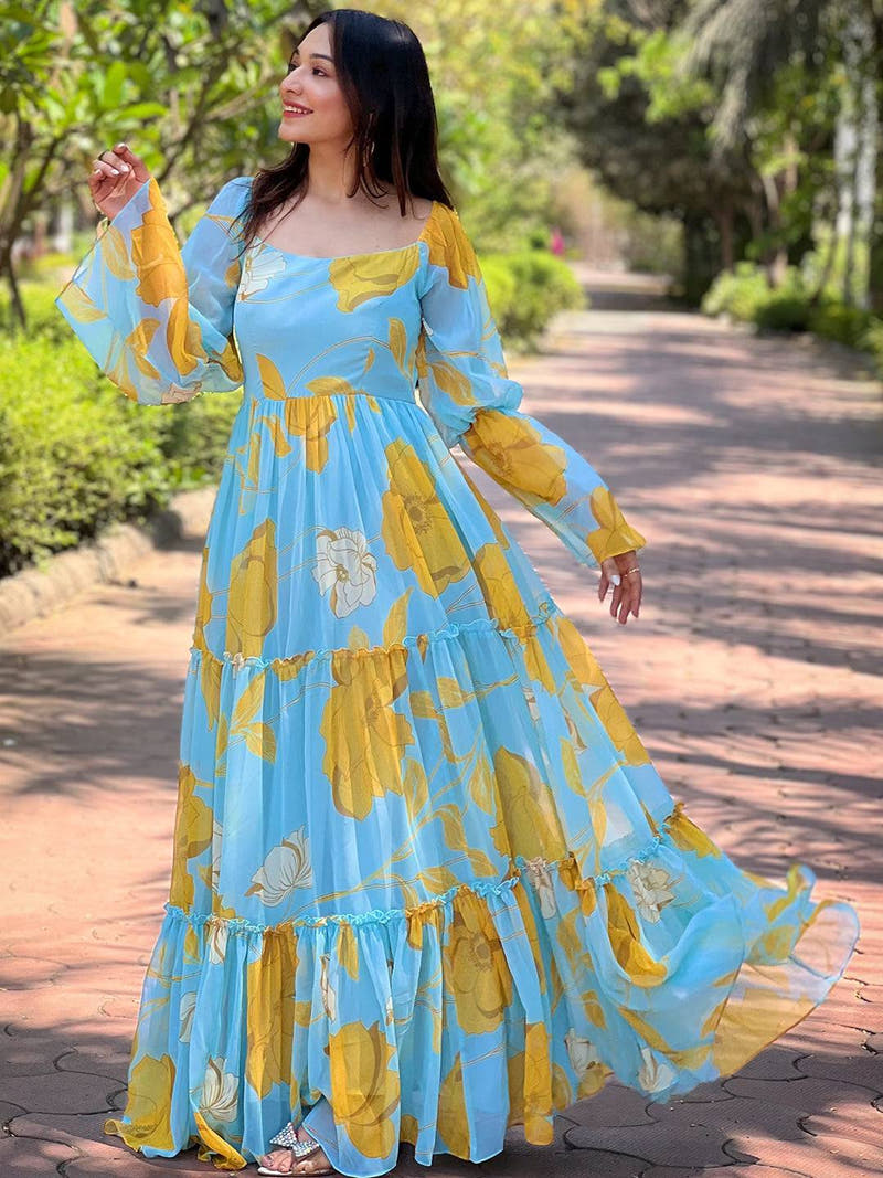 Sky Blue Floral Print Dress