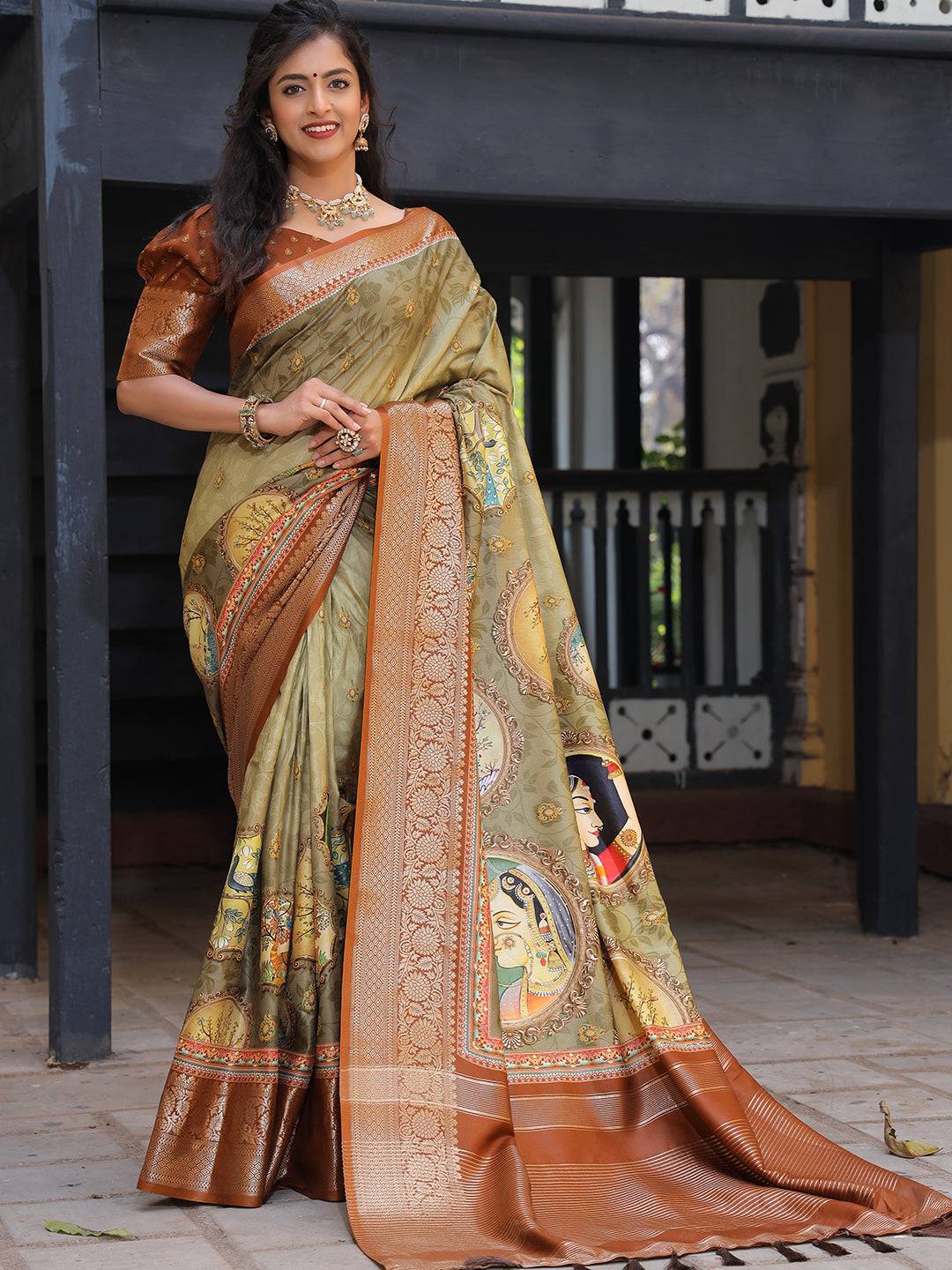 Pure Viscose Dola Silk Saree With Zari Weaving Pallu In Olive Colour - Luxe
