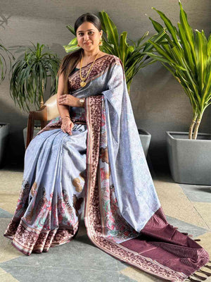Silver Colour Satin Kota Doria Digital Kalamkari Zari Pallu