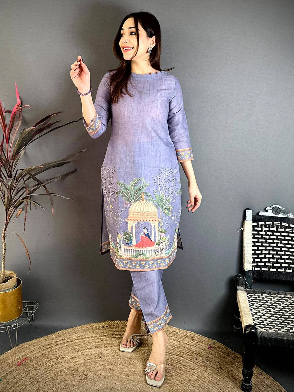 Mughal  Print  Boat  Neck  Kurti