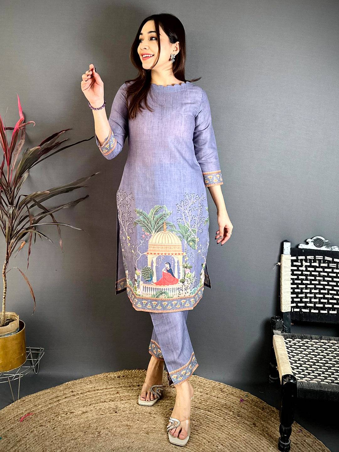Mughal  Print  Boat  Neck  Kurti
