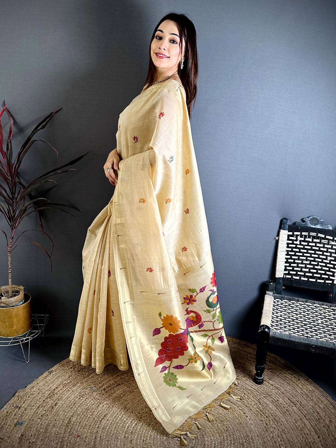 Cream Munia Minakari Khadi Saree
