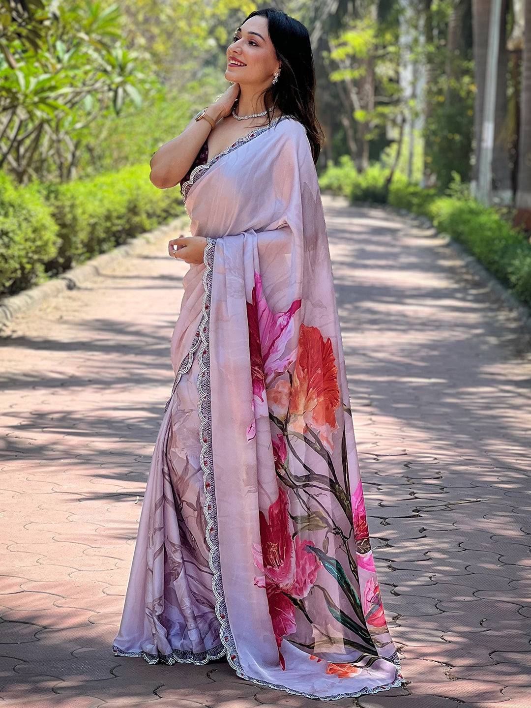 Grey Satin Georgette Floral Print Saree