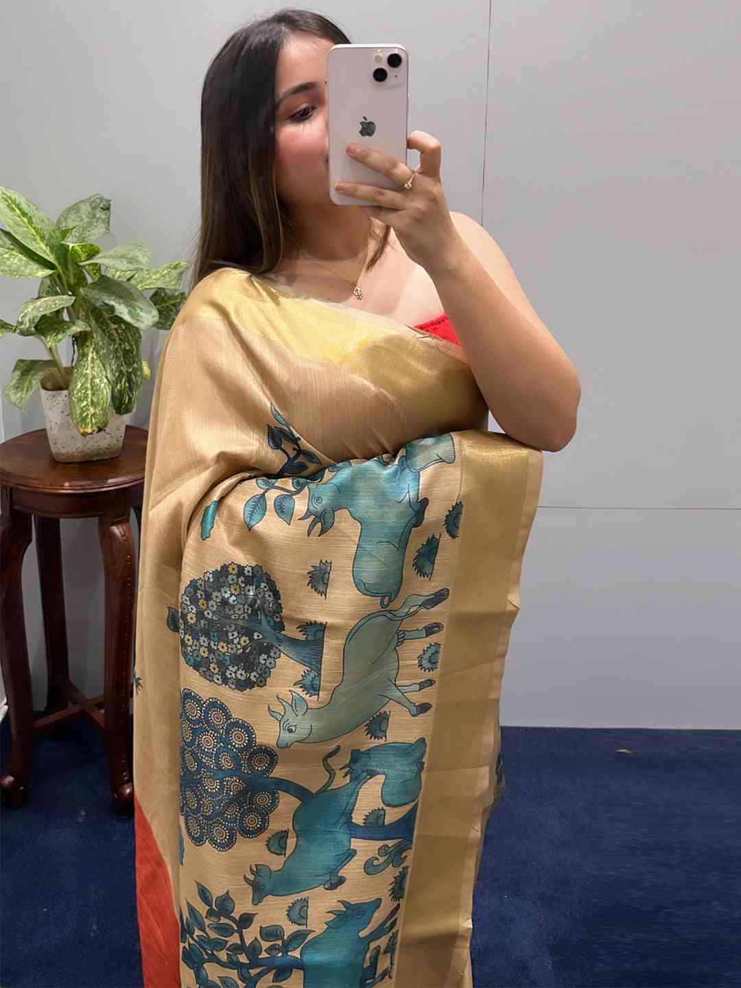 Incredible Pen Kalamkari Linen Tissue Soft Saree